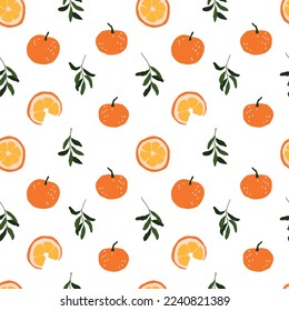 Vector winter delicious oranges, leaves and slices seamless pattern. Hand painted orange fruits illustration. Cozy cute flat fruit premade wallpaper, wrapping paper, background texture