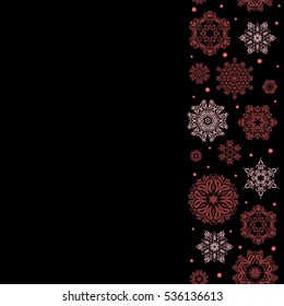 Vector winter design on black background. Snowflakes decorated with circles and dots. Happy smiling red, neutral and pink snowflakes seamless pattern. Christmas and New Year theme.