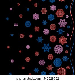 Vector winter design on black background. Snowflakes decorated with circles and dots. Happy smiling pink and blue snowflakes seamless pattern. Christmas and New Year theme.