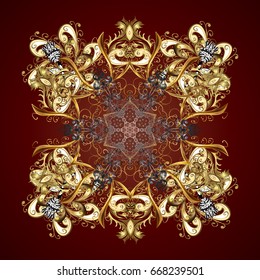 Vector winter design on a brown background. Golden snowflakes decorated with circles and dots. Christmas and New Year theme. Happy smiling snowflakes.