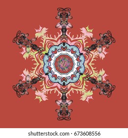 Vector winter design on a colorful background. Christmas and New Year theme. Snowflakes decorated with circles and dots. Happy smiling snowflakes seamless pattern.