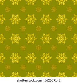 Vector winter design on a green background. Christmas and New Year 2018 theme. Snowflakes decorated with circles and dots. Happy smiling snowflakes seamless pattern.