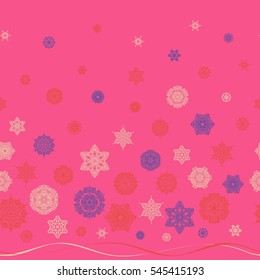Vector winter design on a pink background. Snowflakes decorated with circles and dots. Happy smiling snowflakes seamless pattern. Christmas and New Year theme.