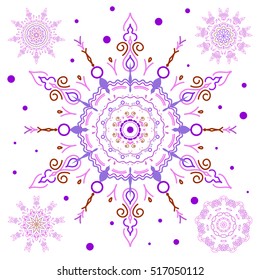 Vector winter design on white background. Snowflakes decorated with circles and dots. Happy smiling violet snowflakes set. Christmas and New Year theme.