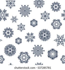 Vector winter design on white background. Happy smiling blue snowflakes seamless pattern. Christmas and New Year theme. Snowflakes decorated with circles and dots.