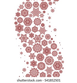 Vector winter design on white background. Happy smiling red snowflakes seamless pattern. Christmas and New Year theme. Snowflakes decorated with circles and dots.