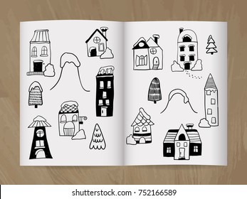 Vector Winter Doodle houses, trees, cars, and mountains drawn in the note-book