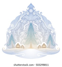 vector winter dreamlike landscape, rustic houses and Christmas trees, new year theme, vector