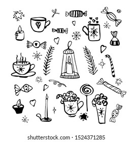 
Vector winter drink set, home warmth cosiness. Cute linear hand drawn doodle illustration.