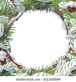 vector Winter evergreen pine tree frame. Snowy forest pine needles, pine cone. Natural design elements. Cute plant. Wild handdrawn christmas, xmas, new year, branches border isolated on background 