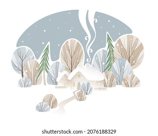 Vector invierno fabuloso paisaje navideño. Bosque, casas rústicas y acogedoras, heladas y nieve. Diseño de tarjetas de felicitación, afiches, etc.