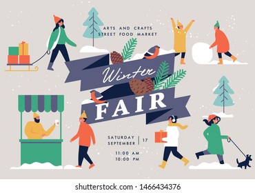 Vector Winter Fair Poster, Flyer Or Banner Or Banner Template With People Enjoying Their Time Outdoors In Park. Christmas Holiday Season Recreation And Public Event