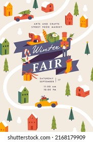 Vector winter fair poster, flyer or banner or banner template. Christmas holiday season recreation and public event