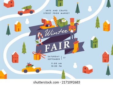 Vector winter fair poster, flyer or banner or banner template. Christmas holiday season recreation and public event