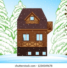 Vector winter family house in the forest around trees and snowhills. Merry Christmas and Happy New Year illustration  