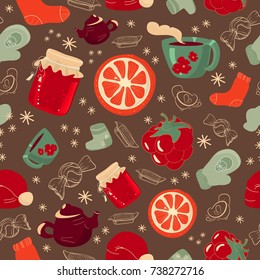 Vector winter festive seamless sample of winter symbols: hot tea, jam, mittens, warm socks, and, etc.