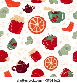 Vector winter festive seamless sample of winter symbols: hot tea, jam, mittens, warm socks, and, etc. Isolated on white background.