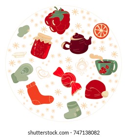 Vector winter festive seamless sample of winter symbols: hot tea, jam, mittens, warm socks, and, etc. Isolated on white background.