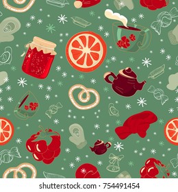 Vector winter festive seamless sample of winter symbols: hot tea, jam, mittens, warm scarf  and, etc. Isolated on white background.