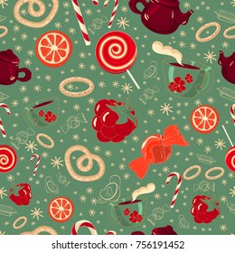 Vector winter festive seamless sample of winter symbols: hot tea, mittens, warm socks and etc. 