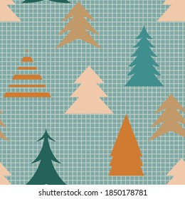 Vector winter fir forest seamless pattern background.
