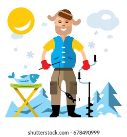 Vector Winter fishing. Flat style colorful Cartoon illustration.