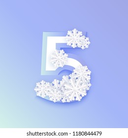 Vector winter five number 5 with snowflakes and ice on blue background. Seasonal typography symbol with north frost snowflakes, christmas, new year holiday symbol for seasonal decoration design