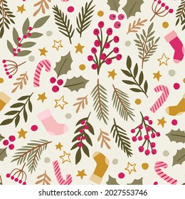 Vector winter floral pattern with candy canes, christmas stocking and stars. Christmas seamless background with winter branches and leaves. Hand drawn floral elements. 