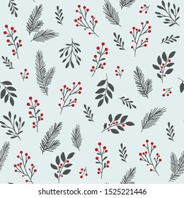 Vector winter floral pattern. Hand drawn seamless background with winter branches and leaves. Hand drawn floral elements. Vintage botanical illustrations. 