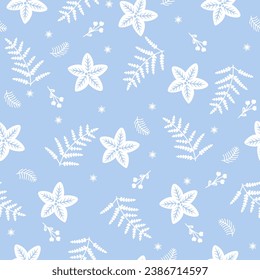 Vector winter floral pattern. Hand drawn seamless background with winter branches and leaves. Hand drawn floral elements.