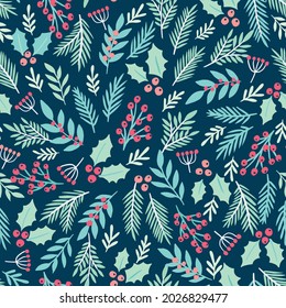 Vector winter floral pattern with holly and pine branches. Seamless background with winter branches and leaves. Hand-drawn floral elements. Vintage botanical illustrations. 