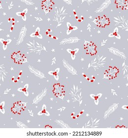 Vector winter floral pattern with snowflakes. Seamless background with winter branches, leaves, berry and stars. Hand drawn floral elements.