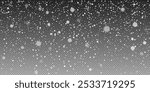 Vector winter flurry with snowflakes swirling. Delicate snow crystals forming a natural winter scene. Transparent snow overlay for Christmas cards, posters, decorations, and festive and banners.
