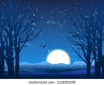 vector winter forest illustration, night snowing sky and bird flying over hills