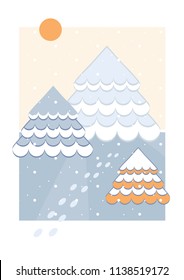 vector winter forest in pastel blue colors, postcard of winter holidays