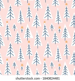 Vector winter forest seamless pattern. Triangle geometrical fabric design. Fir tree and stars on pink background. Simple and stylish Scandinavian repeat texture. 