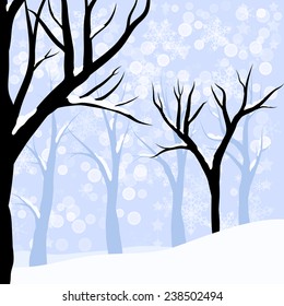 Vector winter forest or wood with bare trees in the deep snow