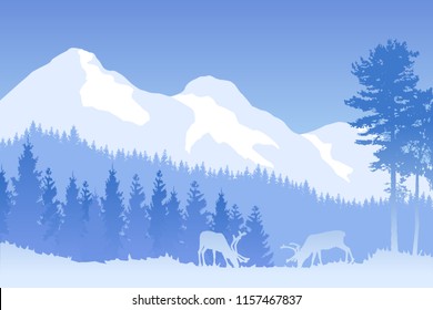 Vector winter forested landscape in blue color with grazing deer and mountains.