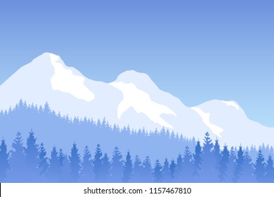 Vector winter forested landscape with mountains in blue color.