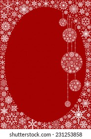 Vector winter frame with baubles from snowflakes on the red background.