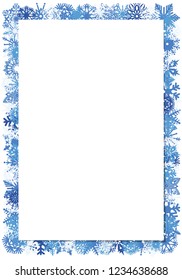 Vector winter frame with blue and blue snowflakes on white background. Place for your text, congratulations, letters, invitations.