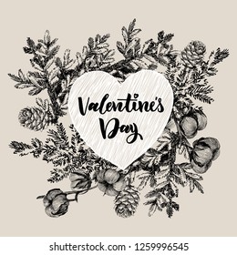 Vector winter frame with conifers illustration. Vintage invitation or greeting card with hand drawn spruce branch, pine, fir, juniper tree.