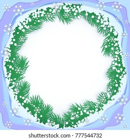 Vector winter frame with fir branches, snow and snowflakes made in the style of papercut. Festive Christmas or New Year's illustration for greeting cards
