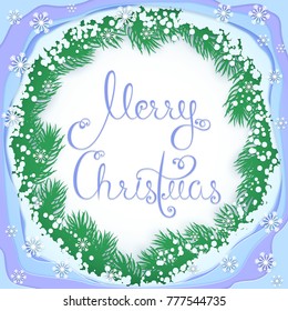 Vector winter frame with fir branches, snow, snowflakes and a Christmas greeting made in the style of papercut. Festive Christmas illustration for greeting cards. Lettering is removed