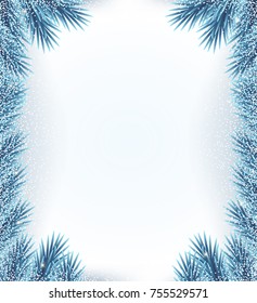 Vector winter frame. Frozen  blue branches of christmas tree