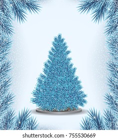 Vector winter frame. Frozen  blue branches with christmas tree