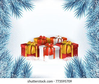 Vector winter frame. Frozen  blue branches of christmas tree with gifts