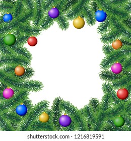 Vector winter frame poster with coniferous tree branches with needle leaves and hanging colorful christmas bulbs on white background.