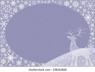 Vector winter frame with reindeer from snowflakes on the lilac background.