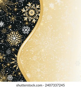 Vector winter frame with vintage golden snowflakes and stars in retro style	
